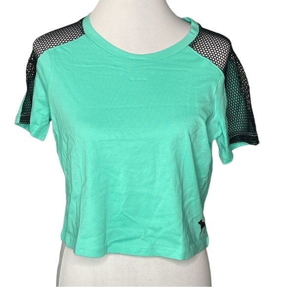 PINK Victoria's Secret Perfect Crop Mesh Crew Tee Wonderland Blue (Green) Medium - Picture 1 of 9